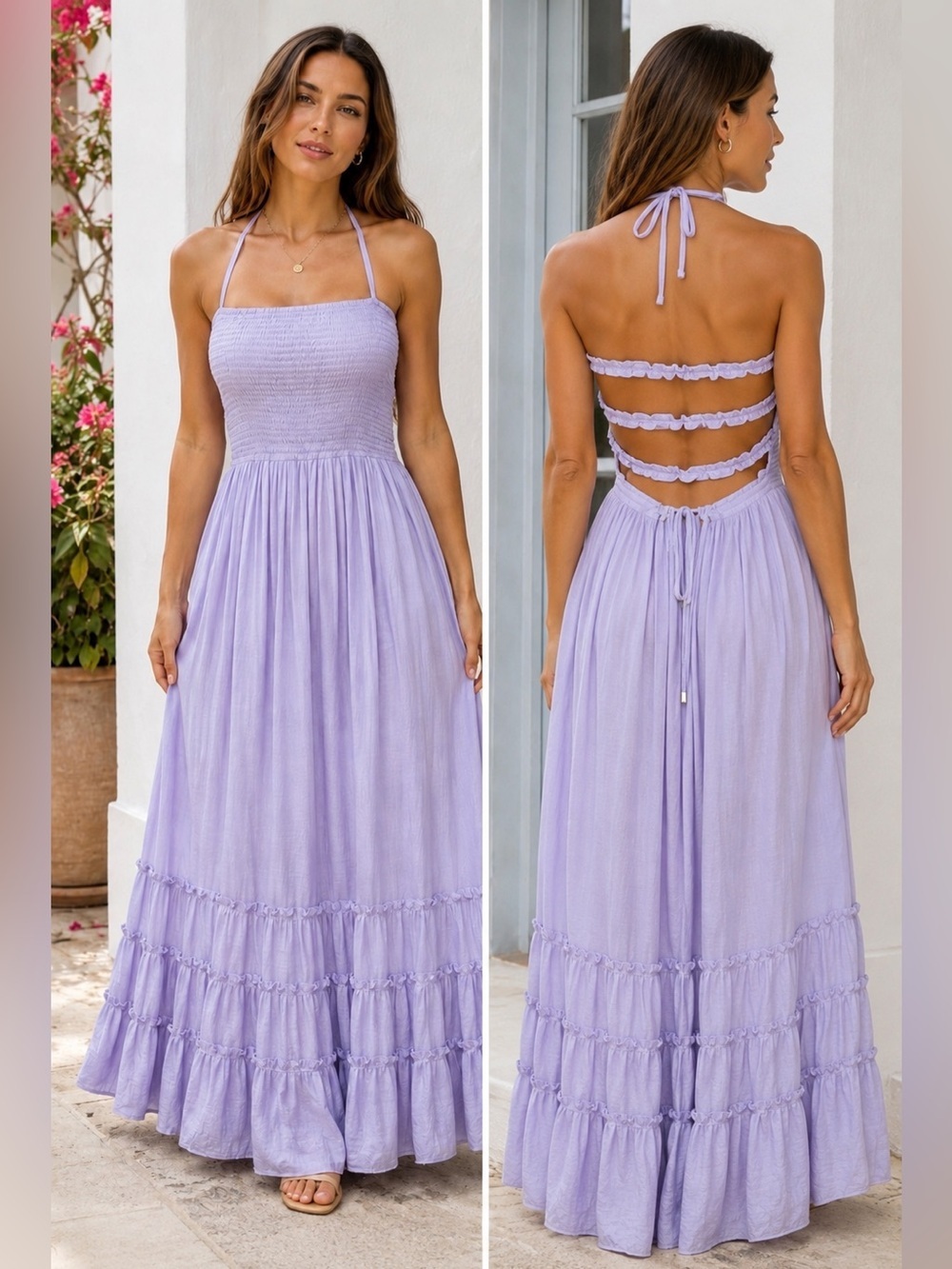 R. YIPOSHA Lavender Smocked Halter Maxi Dress Open Back Boho Size L 12/14